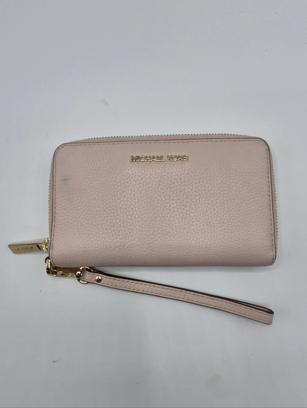 Michael Kors Pale Pink Pebbled Leather Wristlet Zip Wallet with Gold Hardware